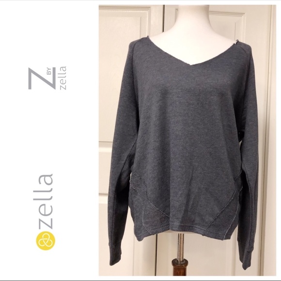 Zella Tops - Zella Gray Raw Hem Long Sleeve Vneck Sweatshirt L